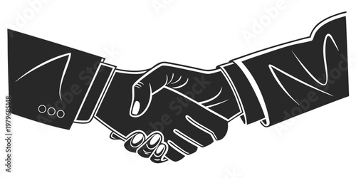 Black and white business handshake graphic illustration representing professional partnership agreement corporate success and collaborative teamwork in a clean minimalist style with handshake