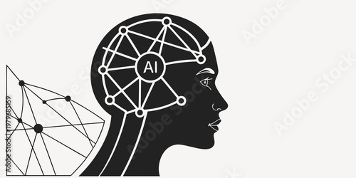 Artificial intelligence concept with female profile silhouette featuring neural network nodes and interconnected lines inside the brain representing AI cognitive digital processing, artificial