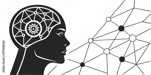 Robotic automation and artificial intelligence concept with human head silhouette showing gear mechanism and neural network integration for mechanical and digital synergy illustration, mechanism