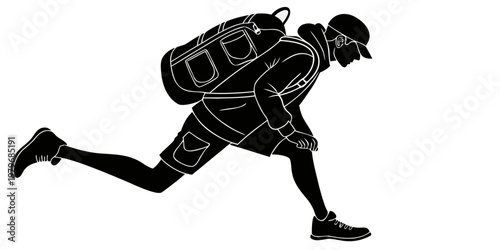 Silhouette illustration of a male traveler running fast with a large hiking backpack and wearing a cap and athletic clothing isolated on a white background backpacker silhouette adventure