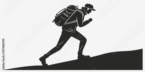 Silhouette of a man with a heavy trekking backpack climbing a steep mountain hill slope representing adventure hiking and outdoor exploration climbing mountain backpack adventure silhouette