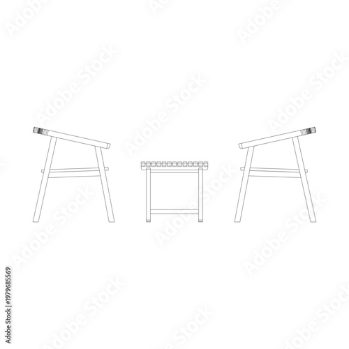 Side view line drawing of a living room set with four lazy chairs and rectangular coffee table. Minimalist outline highlighting proportions and structure for design reference.