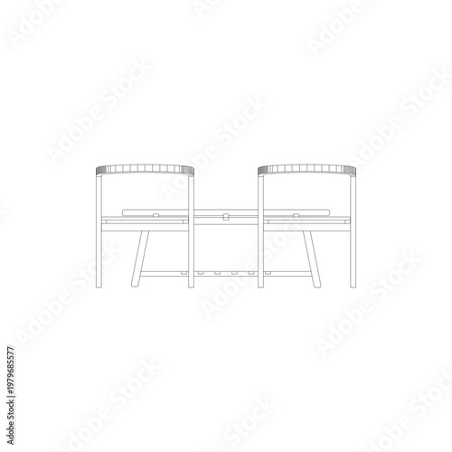 Front view line art of a living room set with four lazy chairs and a rectangular coffee table. Clean minimalist outline showing seating arrangement, ideal for interior and furniture design.