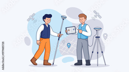 Vector Professional land surveyors using GNSS RTK receiver and tablet for mapping