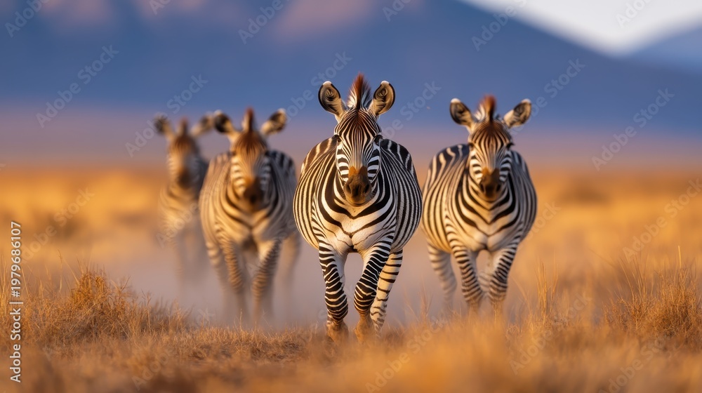 Fototapeta premium A stunning scene of four zebras gracefully strolling through golden grasslands at sunset, capturing the beauty of nature and wildlife in harmony.