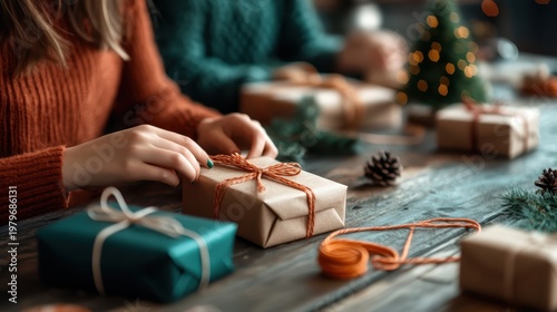 Creative hands delicately wrap beautifully designed gifts in warm hues, showcasing the joy and anticipation of the holiday season and the spirit of giving.