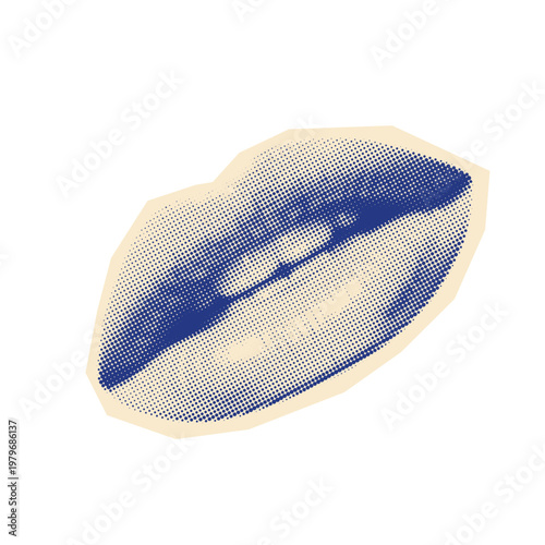 Retro pop art halftone lips illustration. Blue dotted mouth design element isolated on light background.