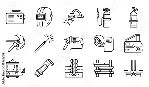 Modern Welding Outline Icons Set with Fabrication Tools and Industrial Equipment Vector