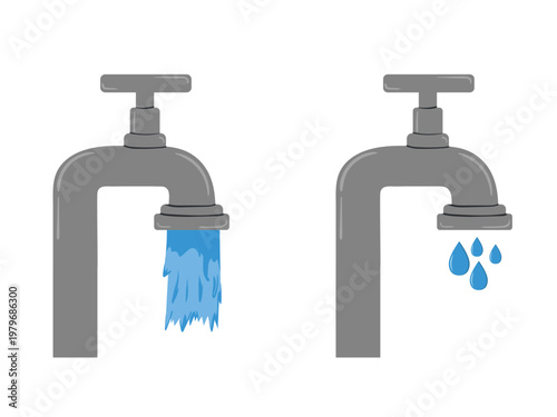 Water saving concept. Flat vector illustration of a running tap and a dripping faucet to show water waste. For ecological posters, educational blogs, plumbing services to encourage saving water daily.