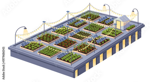 Roof garden with plants and decorative lights