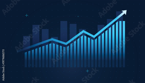 The Upward arrows atop key bars highlight profitable growth moments and bullish sentiment. Overlapping bars show diversified income streams and digital products