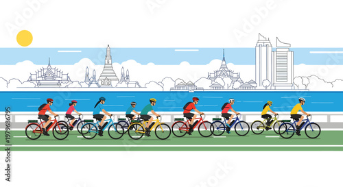 Cyclists riding bicycles along waterfront promenade in city