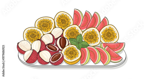 Colorful fruit platter with passionfruit, watermelon and nuts