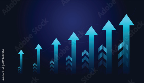 Rising arrows convey themes of improvement, innovation, and strategic success. The glowing center arrow indicates a breakthrough or peak performance