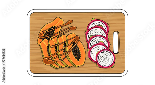 Papaya and dragon fruit on wooden cutting board illustration