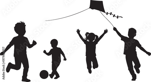 Fotografía Diverse Group of Children Playing and Crawling in Black Silhouette Style on Whit