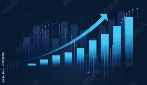 The dark grid background reinforces a high‑tech, connected business environment. A bright blue arrow climbs over digital bars, symbolizing strong online business growth