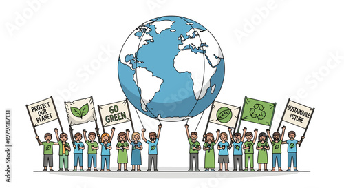 Diverse group of people holding eco friendly signs around the globe