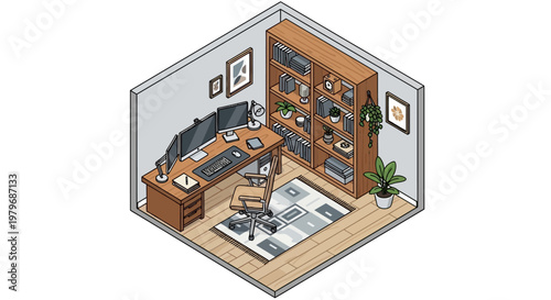 Isometric home office workspace interior.
