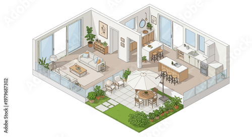 Modern apartment interior design showcases a spacious living room and kitchen with an outdoor patio area