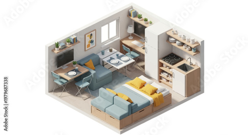 The modern apartment interior design showcases a stylish living room with a kitchen and dining area in a 3D isometric view.