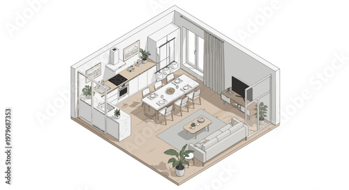 A modern apartment interior design showcases a spacious living room and kitchen with stylish furniture and decor