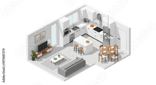The modern apartment interior design layout features a spacious living room with a sleek kitchen and dining area in a contemporary setting.