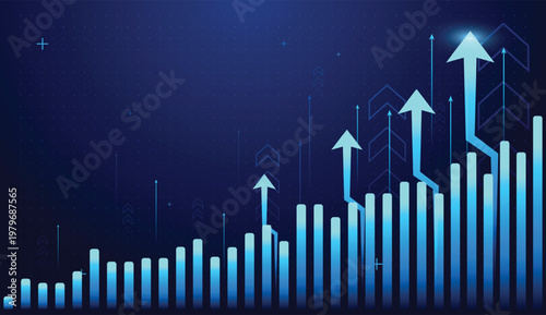The strong up trend of economic and finance arrows with growing column charts, Rising arrows highlights a strong finance point of steady increase. vector