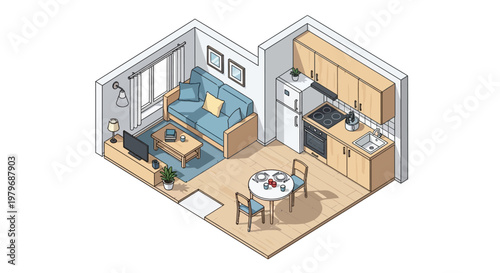 Studio apartment interior layout.