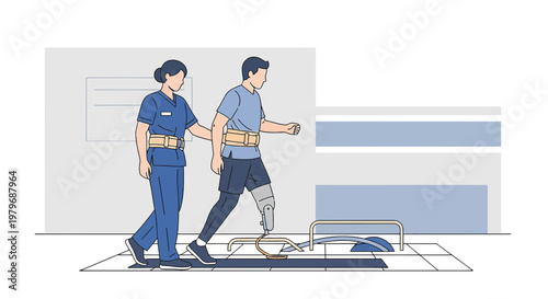 Physical Therapist Assists Amputee Patient in Gait Training with Prosthetic Leg