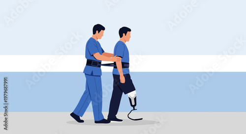 Physical therapist assists amputee with prosthetic leg rehabilitation, walking training