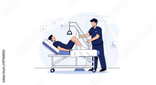 Physical Therapist Assists Patient in Recovery on Medical Bed with Rehabilitation Equipment