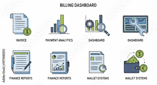 Financial dashboard and payment analytics icons.