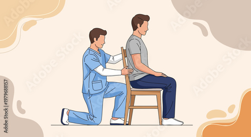 Physical Therapist Assists Patient Sitting on Chair, Rehabilitation and Recovery