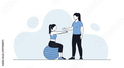 Physical therapist assisting woman doing squats on exercise ball, rehabilitation concept