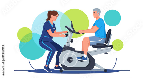 Physical therapist assisting senior man exercising on stationary bike for rehabilitation