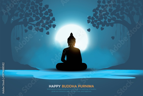 Happy Vesak Day, Buddha Purnima wishes greetings with silhouette of buddha. Creative vector illustration design.