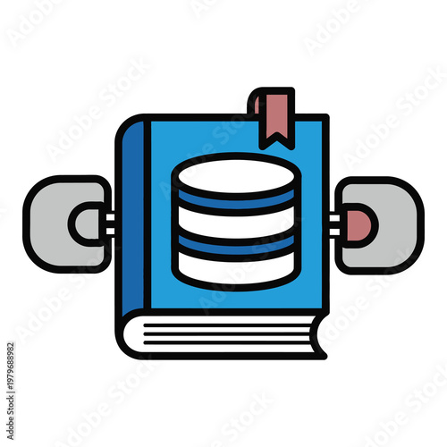 Blue book with database and dumbbells for learning and fitness concept icon