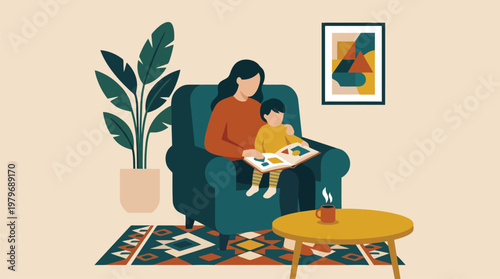 Mother and child reading together on a dark teal sofa in cozy living room