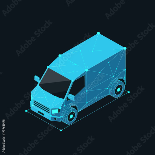 Isometric Blue Van Wireframe Illustration on Dark Background.