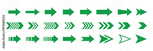 Collection of green arrows pointing right isolated on transparent background