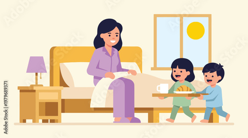 Mother reading with children at bedside in sunny bedroom