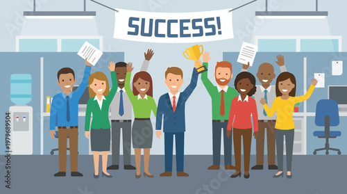 A diverse group of business professionals celebrating a successful achievement with a trophy and a banner that says 'SUCCESS!'