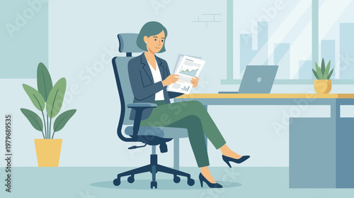 Businesswoman analyzing documents while sitting in an office chair with a laptop and plant in the background