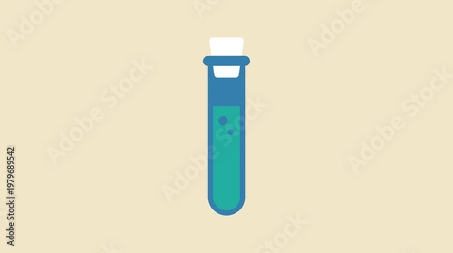 A science laboratory test tube filled with blue liquid and a cork stopper on a plain background
