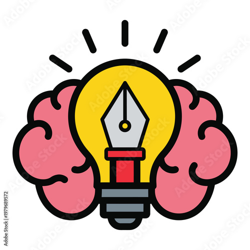 Cartoon brain with lightbulb and fountain pen nib inside  creative idea concept icon