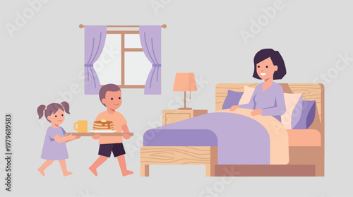Mother in bed with two children bringing breakfast in a bedroom
