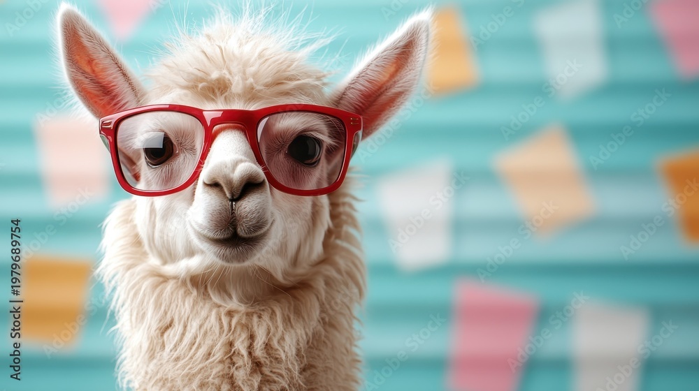 Fototapeta premium This image features an adorable alpaca wearing oversized red glasses, set against a vibrant and colorful backdrop, creating a whimsical and playful atmosphere.