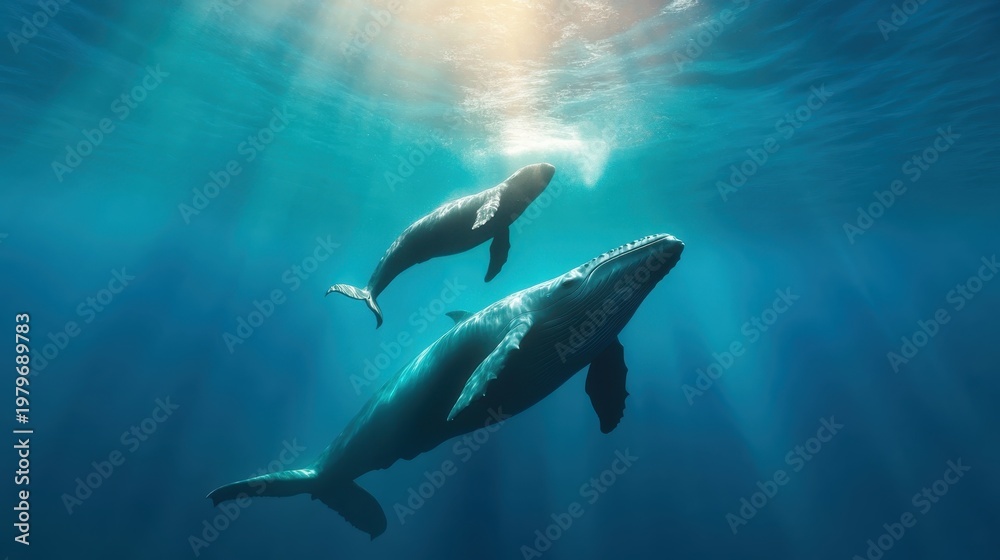Obraz premium Two magnificent whales glide gracefully through the crystal-clear ocean waters, where sunlight pierces the surface, showcasing the beauty of marine life in its natural habitat.