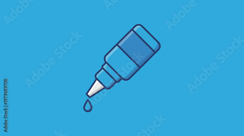 Illustration of an eye drop bottle with a single drop falling from its nozzle against a bright blue background